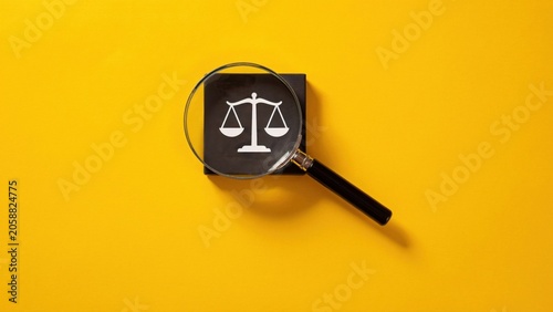Magnifying glass examines scales of justice on a yellow background closely.