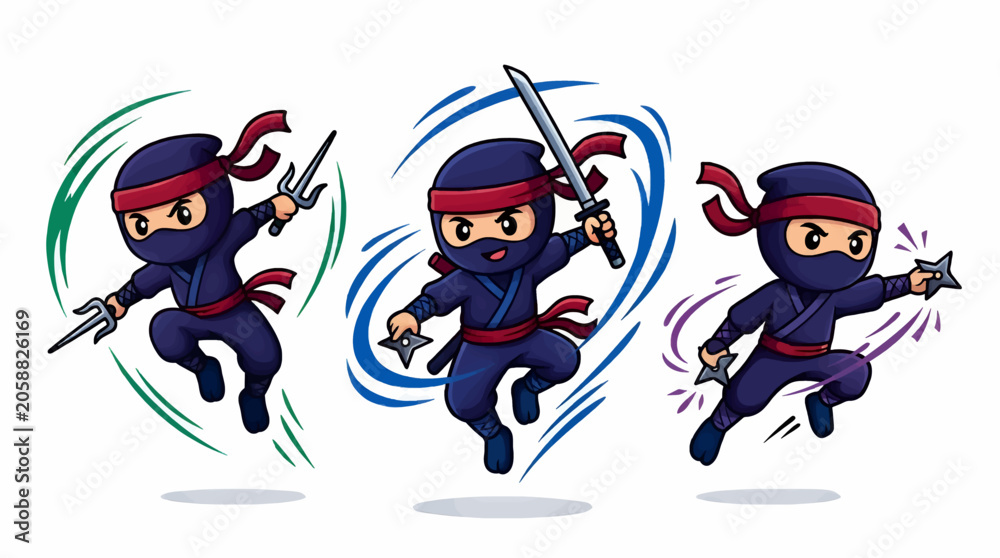 Fototapeta premium Cute Cartoon Ninjas in Dynamic Poses, One with Sai, One with Sword and Shuriken, Third with Shuriken, Flat Vector Illustration