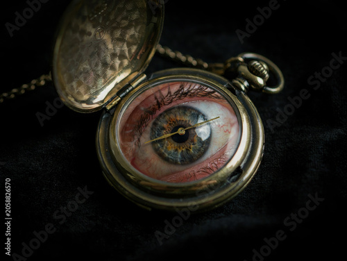 Surreal concept of a human eye inside a vintage gold pocket watch on black velvet. Generative AI. This image has high technical and aesthetic quality, great commercial potential and uniqueness.