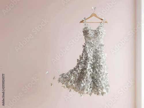 Surreal white dress made of butterflies hanging on a wall, conceptual fashion art. Generative AI.