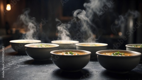 Close up of steaming hot soup bowls with rising vapor on shallow depth of field