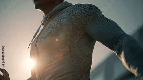 Close-up of a person wearing athletic hoodie outdoors during sunrise or sunset, energetic workout pose, active lifestyle image