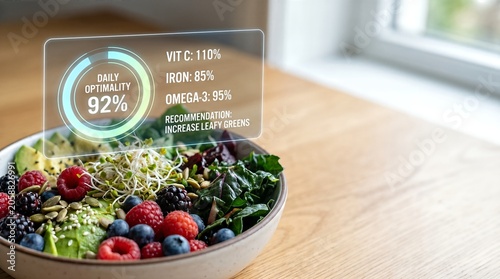 Fresh Vegetable Salad with Digital Nutritional Display on Wooden Table Near Window
