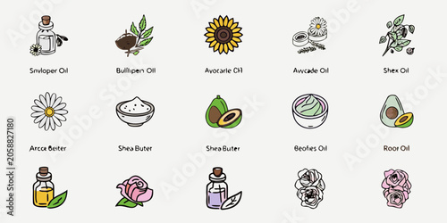Bild auf Leinwand Natural Oil And Butter Icons Hand drawn Vector Illustration Set