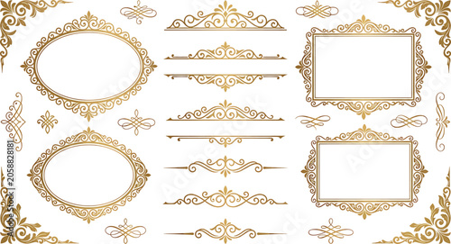 Set of vintage gold frames, borders, and decorative elements isolated on white background