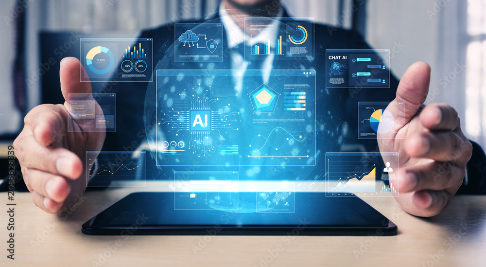 Fototapeta premium AI Assistant Brain Processor with LLM Technology, Big Data, Machine Learning, Generative AI for Business Support, Future Agentic AI Technology and Artificial Intelligence Prompt Engineering. Spline