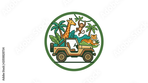 Photography Jungle safari off-road vehicle with wild animals illustration.