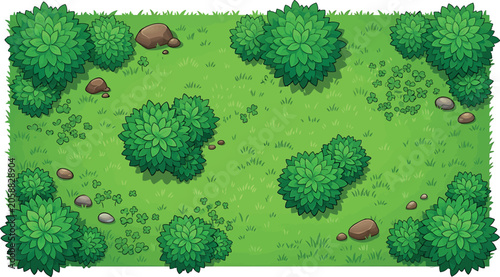 Fotografie Top view of a green meadow with bushes, grass, clovers and stones