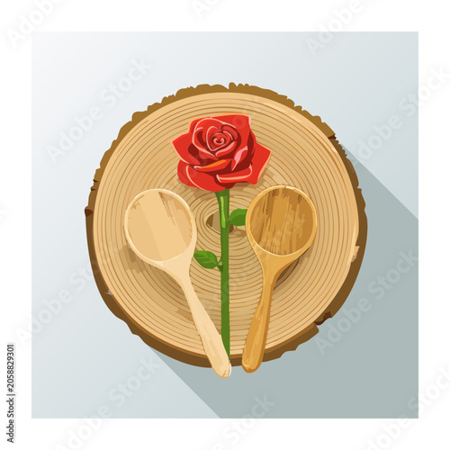 Flat design of wooden spoons and rose on tree stump