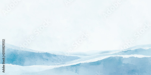 Abstract blue watercolor ocean wave background with textured paint splashes, flowing aqua layers, misty white haze, soft coastal horizon and delicate ink wash artistic design