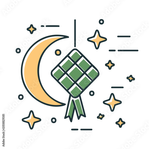 Ketupat and crescent moon with stars, flat design icon