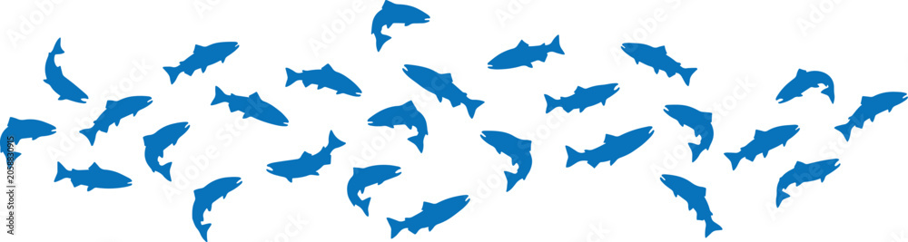 Fototapeta premium Fish Swimming in a Pattern, Blue Stylized Aquatic Creatures Arranged in a Repeating Design. Abstract Illustration of Marine Life.