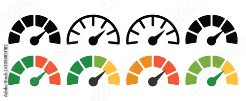 Obraz na plátně Speedometer icons, gauge symbols from low to high levels, performance measurement indicators, risk assessment graphics, vector design elements
