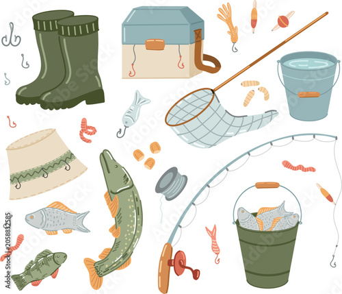 Canvas-taulu Cute fishing equipment and gear element set