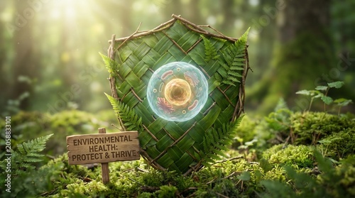A symbolic shield made of green leaves protecting a glowing biological cell in a forest.