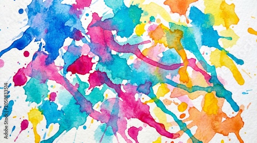 Vibrant multicolored watercolor paint splatters on a white textured paper background.