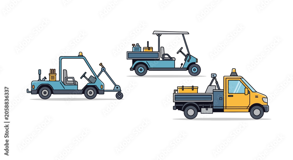 Naklejka premium An illustration collection shows various amusement park vehicles including a tow truck and golf carts.