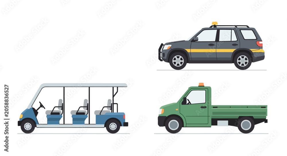 Fototapeta premium Vehicles are parked including a green truck a taxi and golf cart in a warehouse loading area