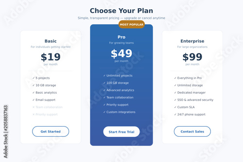  Pricing Table Template — Three Tier Subscription Plan Comparison with Features and Call to Action