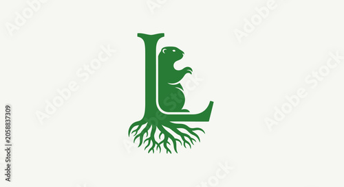 Green Letter L with Tree Roots and Animal Design.