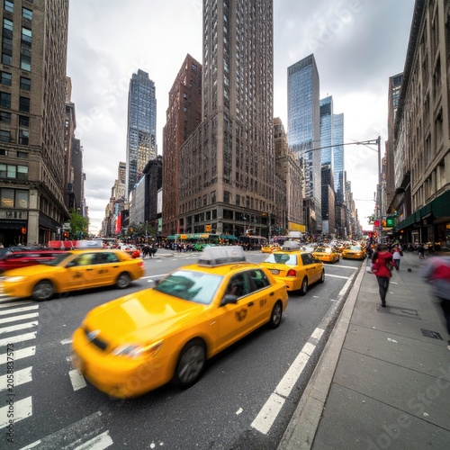 Yellow Taxis Congested on a Busy New York City Street.