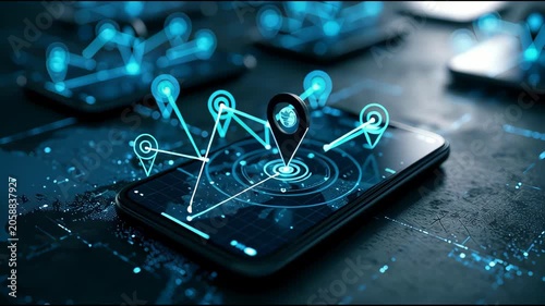 Futuristic phone screen displaying location pin with glowing blue holographic navigation interface on dark surface