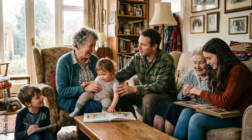 A family with children and elderly woman sitting on couch in living room