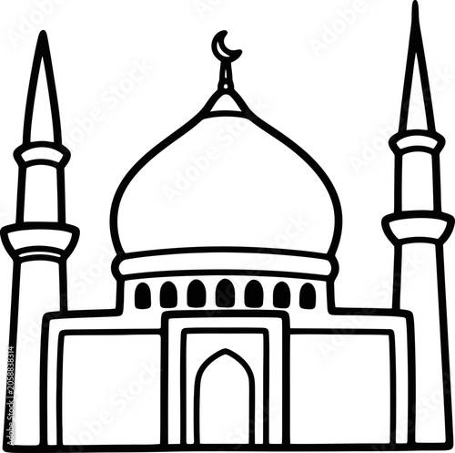 Valokuva Islamic mosque with dome and minarets, line art illustration, religious building