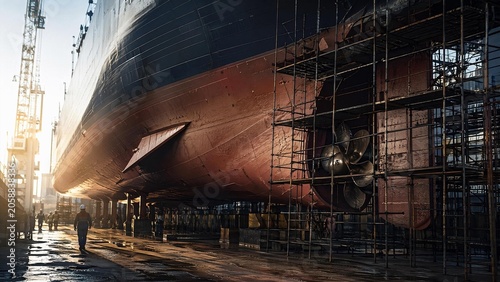 drydock. A massive cargo ship hull in drydock with workers as silhouettes. safety posters, maintenance manuals, designed for precision metalworking and fabrication facilities, used by engineers.