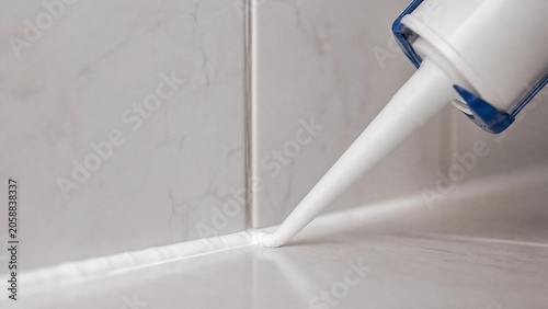 caulk. White caulk being extruded into bathroom tile gaps. safety posters, maintenance manuals, designed for precision metalworking and fabrication facilities, used by manufacturing supervisors.