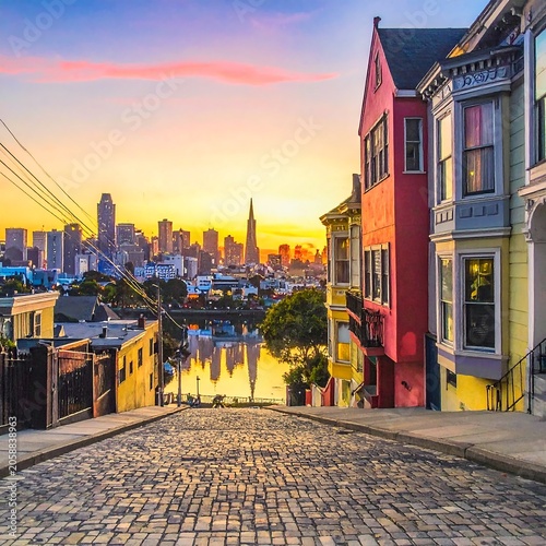 Colorful Victorian Houses Lining Cobblestone Street at Sunset with City Skyline