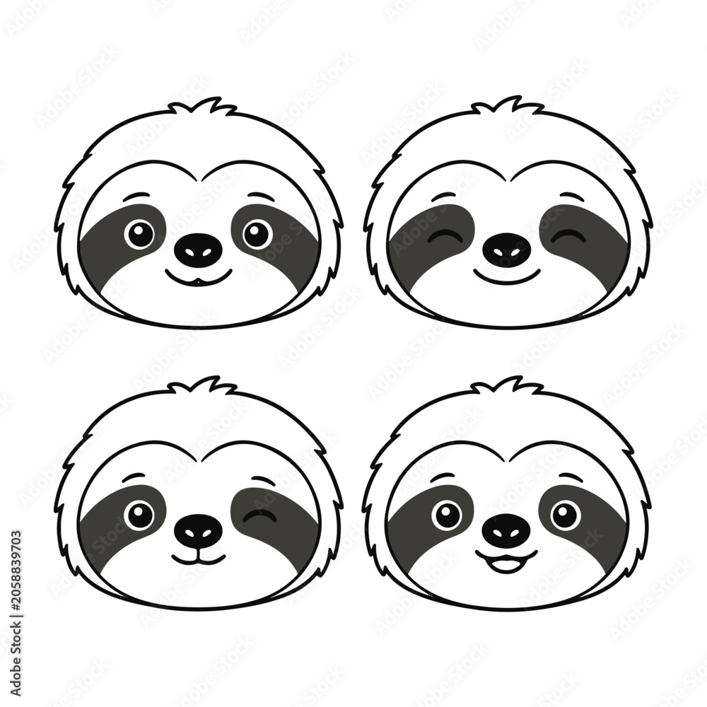 Fototapeta premium Sloth face set. Set of cute animal doodle emotions on a white background.