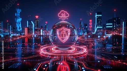 Futuristic digital sphere containing security shield and padlock hovering above smart city representing urban cyber protection and cloud data privacy