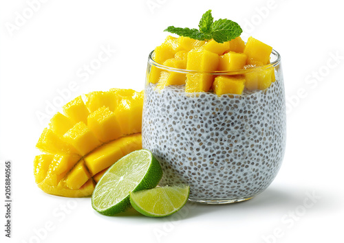 A refreshing jar of chia seed pudding topped with diced fresh mango, with a whole mango and a sliced mango in the background.