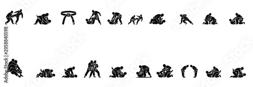 Tableau sur toile Brazilian Jiu Jitsu BJJ Grappling Silhouette Icons Collection with Ground Fighti