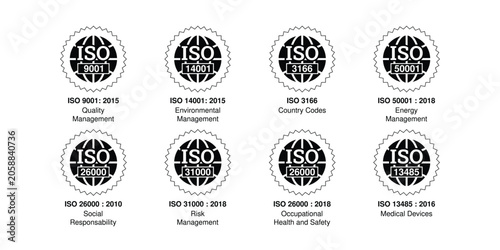 ISO Certification Badge Set, Monochrome Compliance Seals Collection