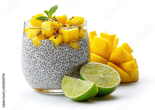 A refreshing jar of chia seed pudding topped with diced fresh mango, with a whole mango and a sliced mango in the background.