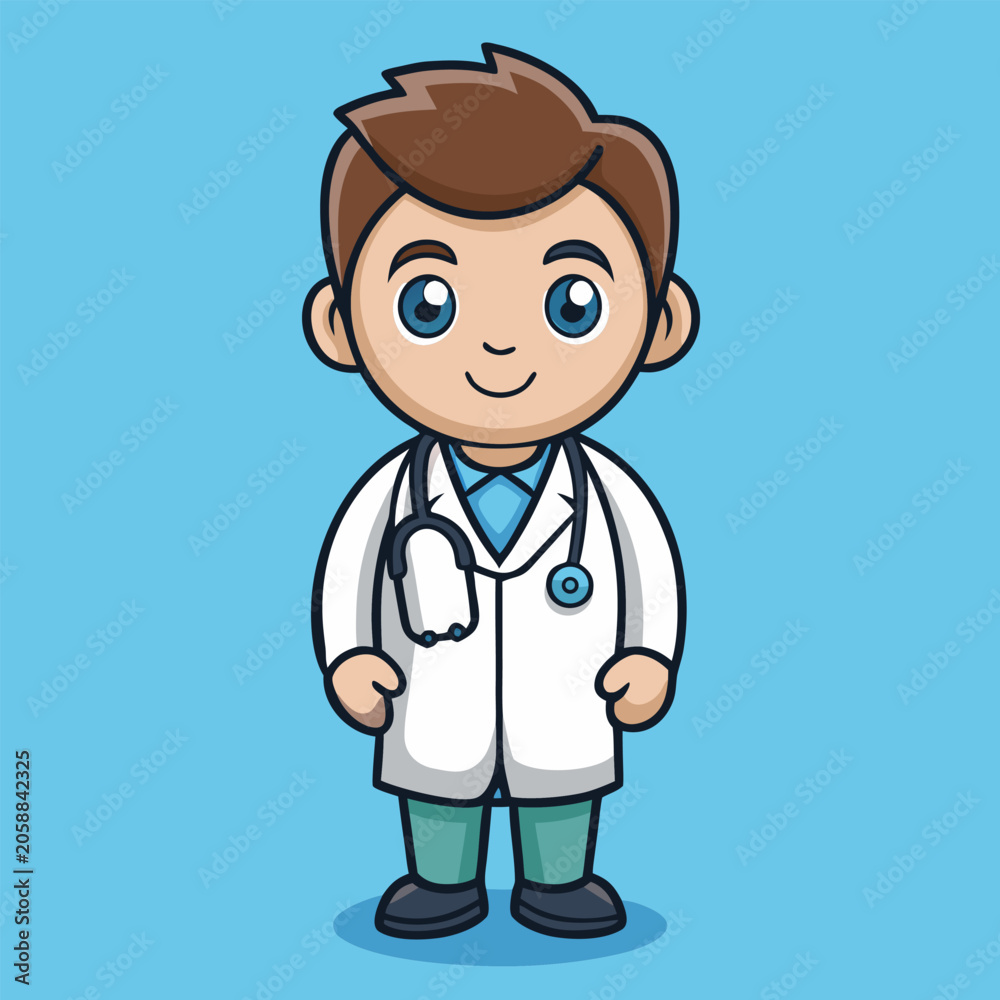 Fototapeta premium Cute cartoon doctor with stethoscope wearing white coat on blue background