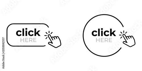 Click Here Button Icons: A set of two simple line icons, a rounded rectangle and a circle, both featuring a finger cursor pointing to the word 'click here'. website navigation, call to action.