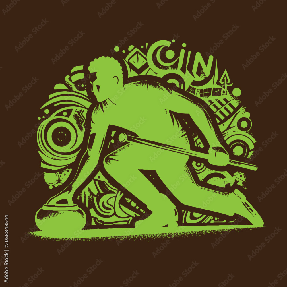 Fototapeta premium Curling Player Action Silhouette with Abstract Graphic Background