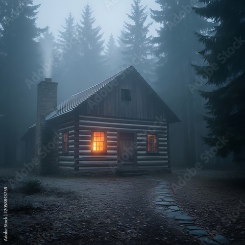 Cozy cabin in snowy forest with warm light.