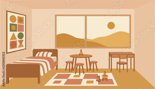 Cozy Child's Bedroom with Twin Bed Play Table and Desk during Sunny Day