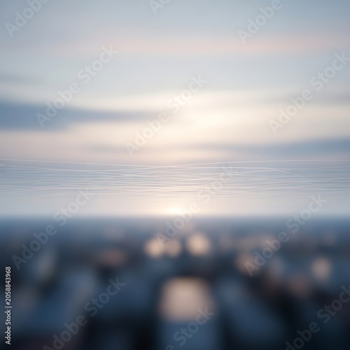 Distant city skyline at sunrise with hazy horizon.