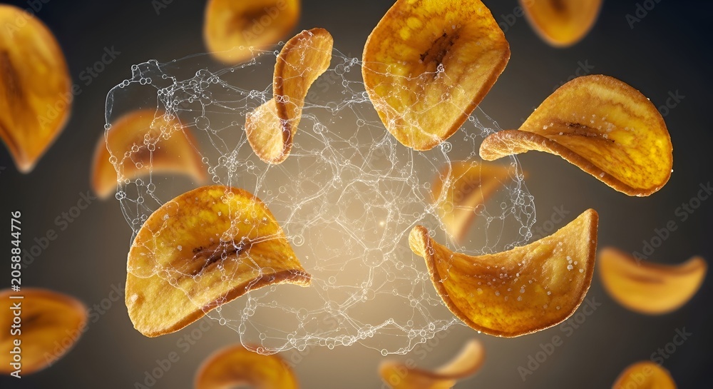 © kainat8888 - Crispy plantain chips floating in air with a delicate sugar web, a delicious and eye-catching snack perfect for food blogs and culinary promotions © kainat8888 - Crispy plantain chips floating in air with a delicate sugar web, a delicious and eye-catching snack perfect for food blogs and culinary promotions