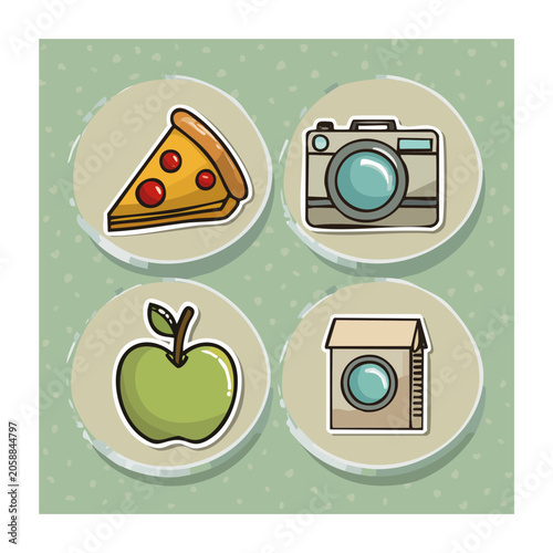 Flat design icons of pizza, camera, apple, and washing machine