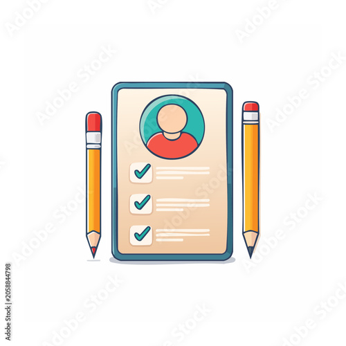 Flat design illustration of a checklist with pencils and profile icon