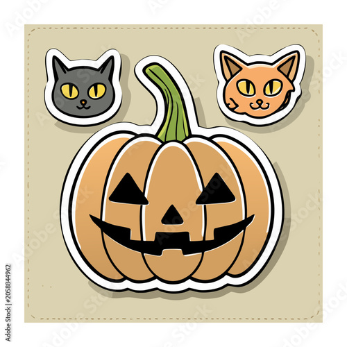 Halloween Pumpkin and Cat Stickers Illustration