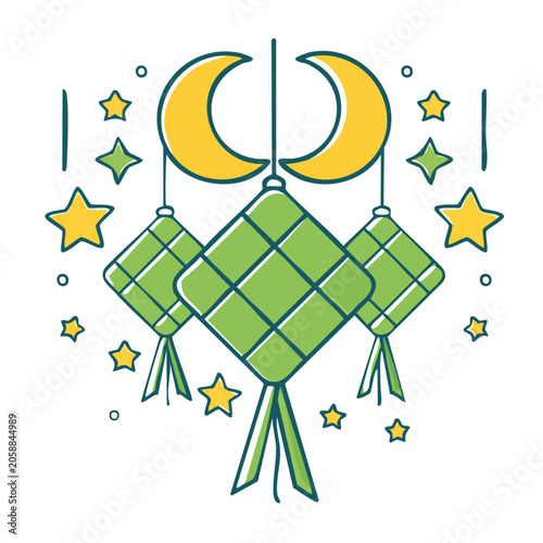 Ketupat and Crescent Moon Decoration for Islamic Holiday