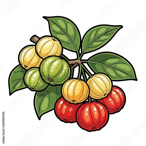 Fresh green apples and red tomatoes on green leaves.
