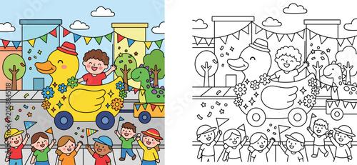 Εκτύπωση καμβά Kids parade coloring page and colored version with giant rubber duck float, cute